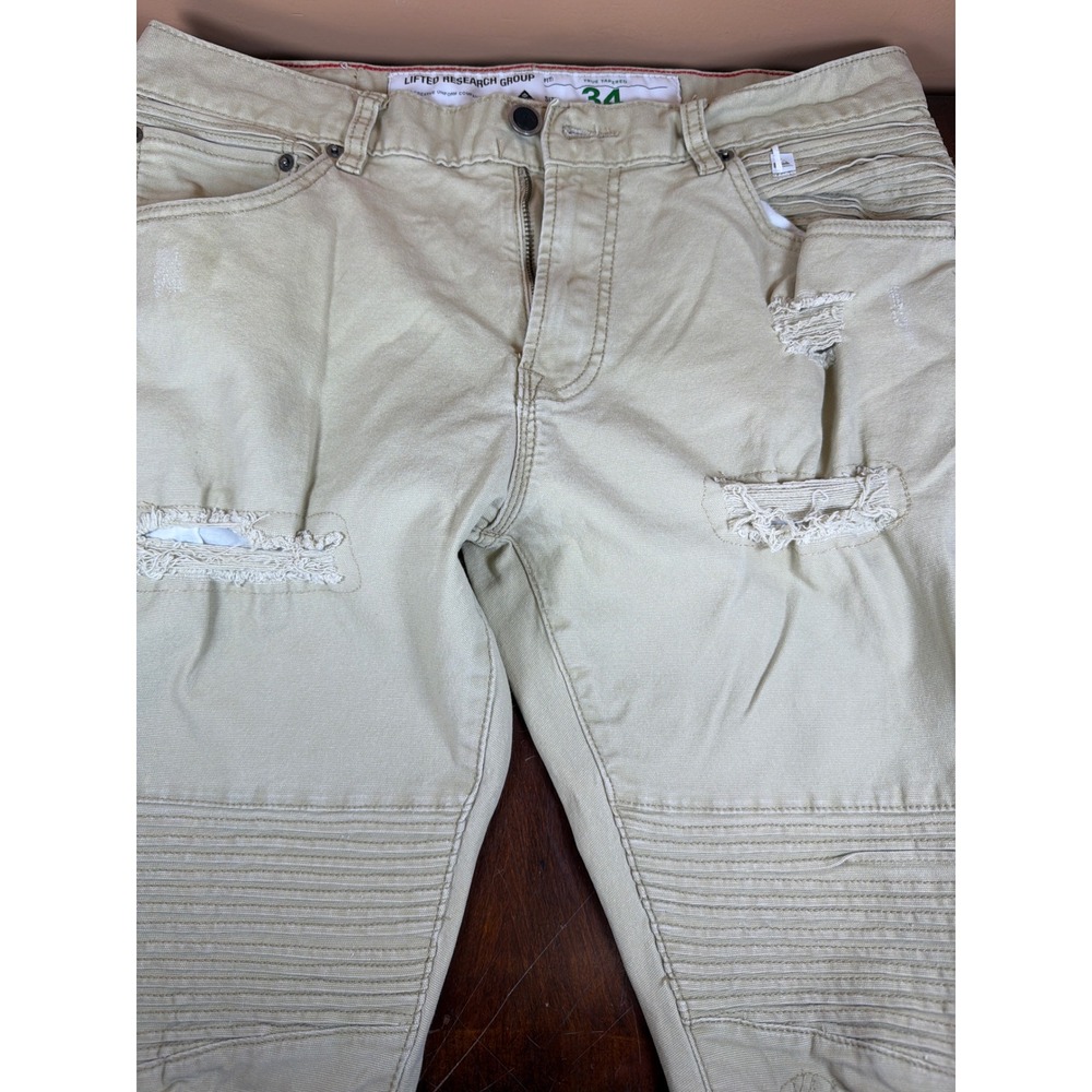 LRG Lifted Research Group Mens 34 Khaki Moto Tapered Distressed Ribbed Pants Tan
